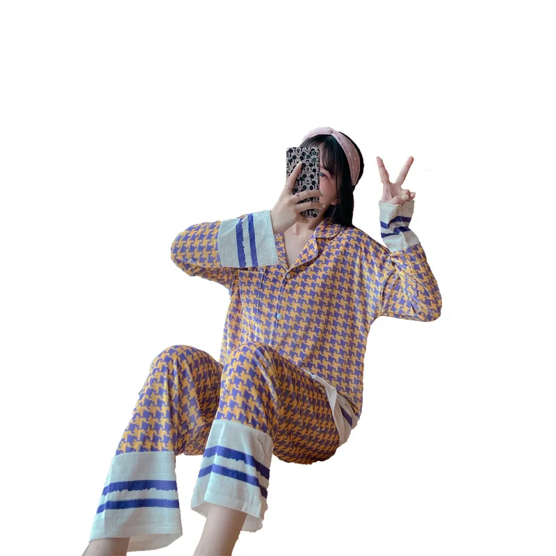 

SLPBELY New Pleuche Grid Winter Pajamas Long Sleeve Sleepwear Pijama Pajamas Suit Two Piece Set Simple Nightwear Homewear