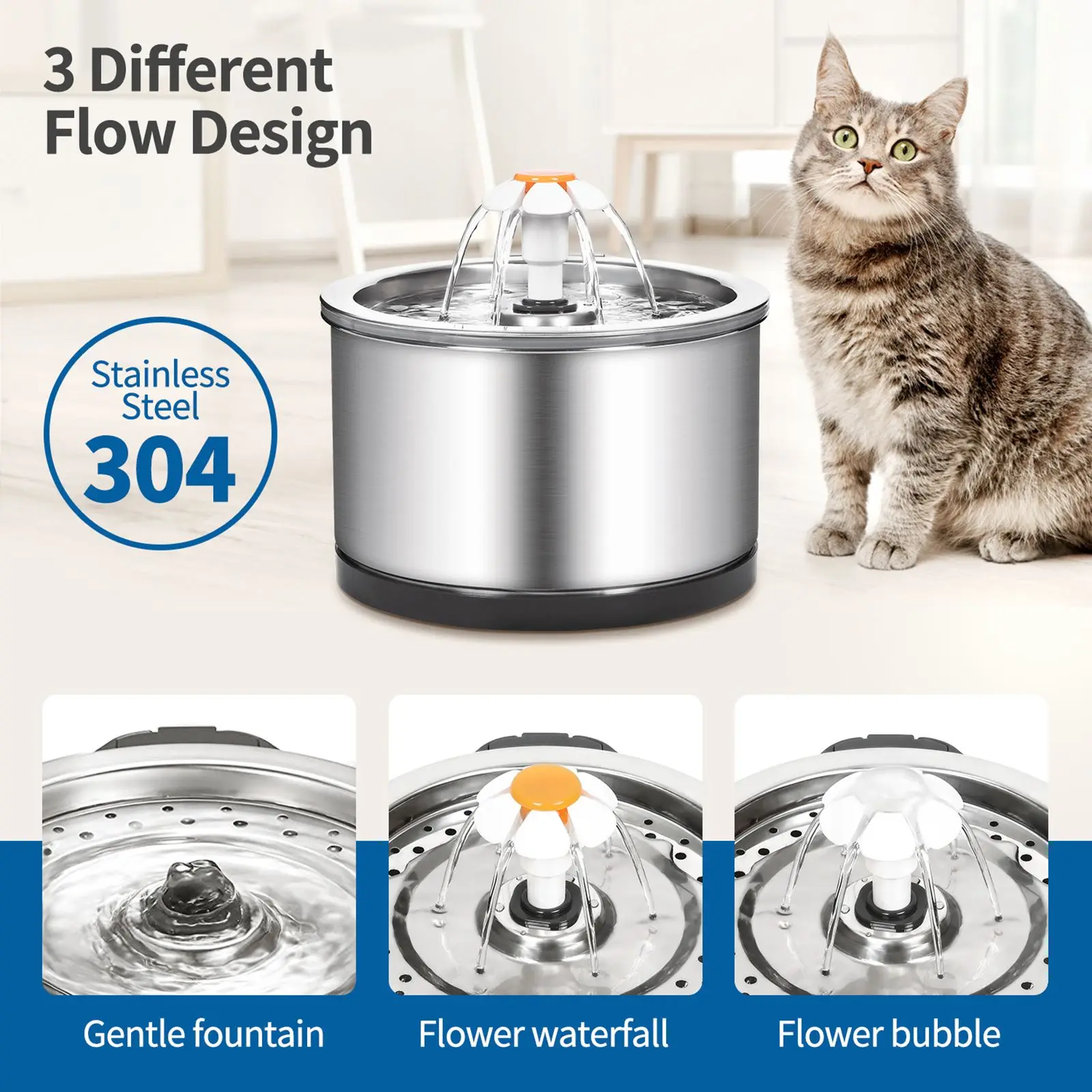 

2.5L Stainless Steel Cat Water Fountain Ultra Quiet Pump With Blue LED Light And 3 Water Flow Modes Pet Watering Fountain