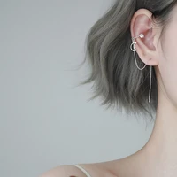 sweet style silver color moon pendant long tassels chain earrings shining zircon ear cuff clip on earring for women girl jewelry