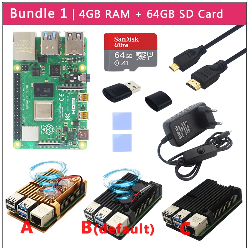 Комплект 1 Raspberry Pi 4 Модель B комплект+ алюминиевый чехол+ теплоотвод+ 3A переключатель питания+ Micro HDMI вариант 64 32 Гб SD карты | ридер - Комплект: Комплект 1