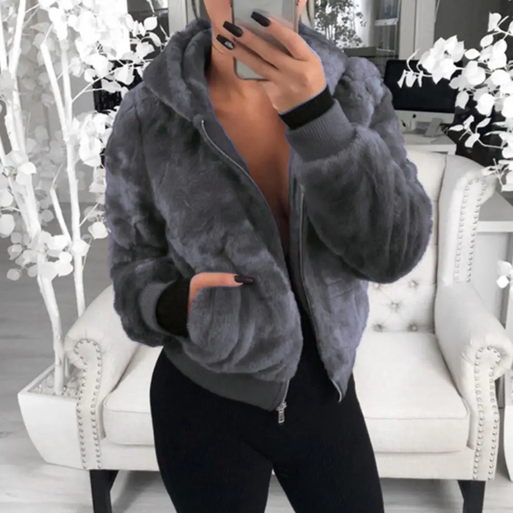 

New Faux Fur Women Coat With Hood High Waist Fashion Slim Black Red Pink Faux Fur Jacket Fake Rabbit Fur Coats