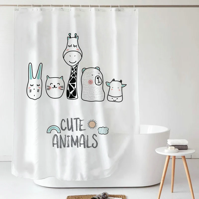 

Cartoon Cute Animals White Shower Curtain Set with 12 Hooks Bathroom Decoration