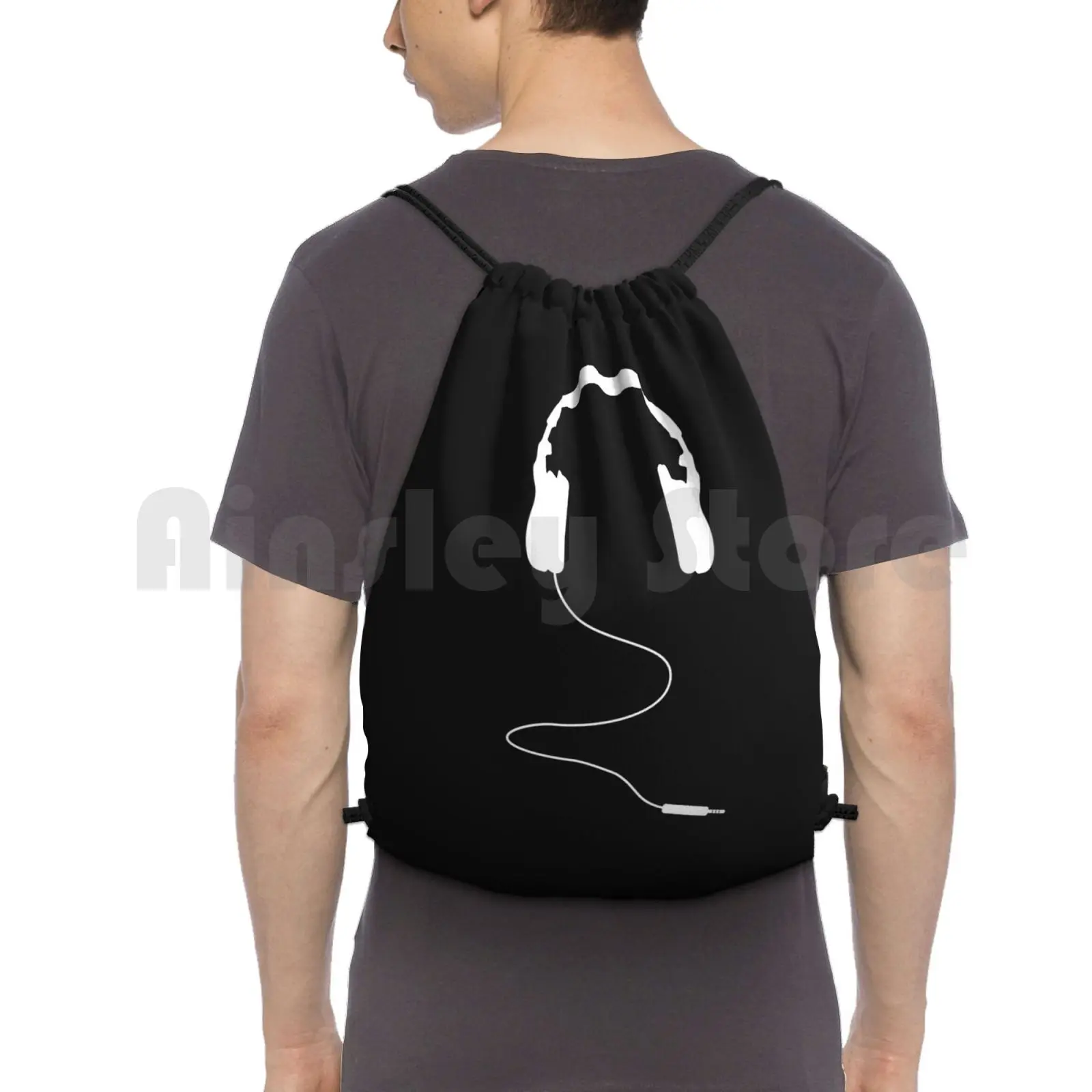 Headphones White Backpack Drawstring Bags Gym Bag Waterproof Headphone Headphones Music Musical Notes Fun Happy Hiphop