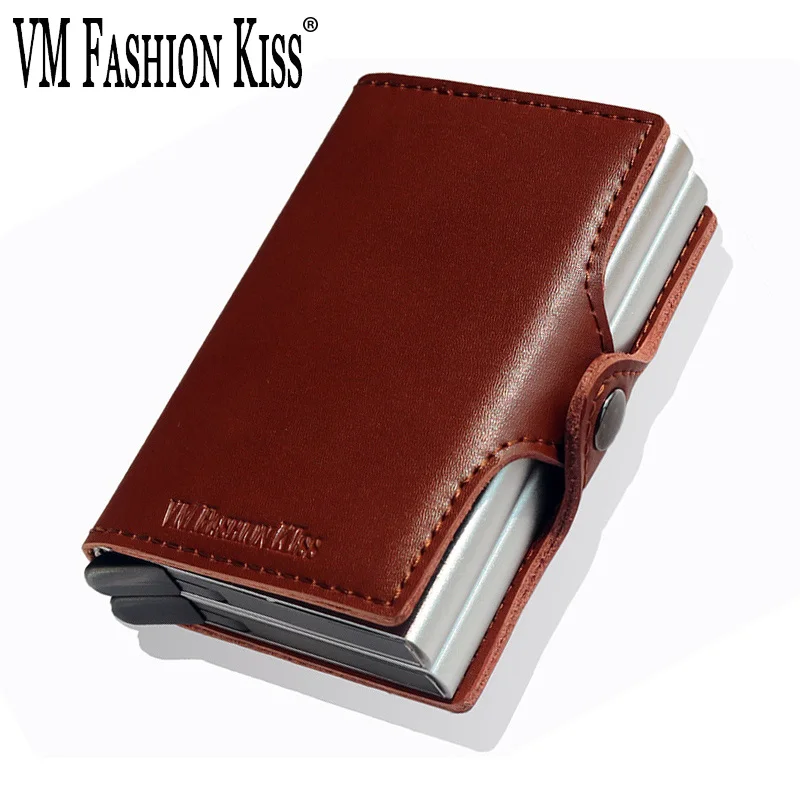 

VM FASHION KISS Genuine Leather Rfid Blocking Wallet Security Double Metal Automatic Credit Card Holder Metal Short Purse Men