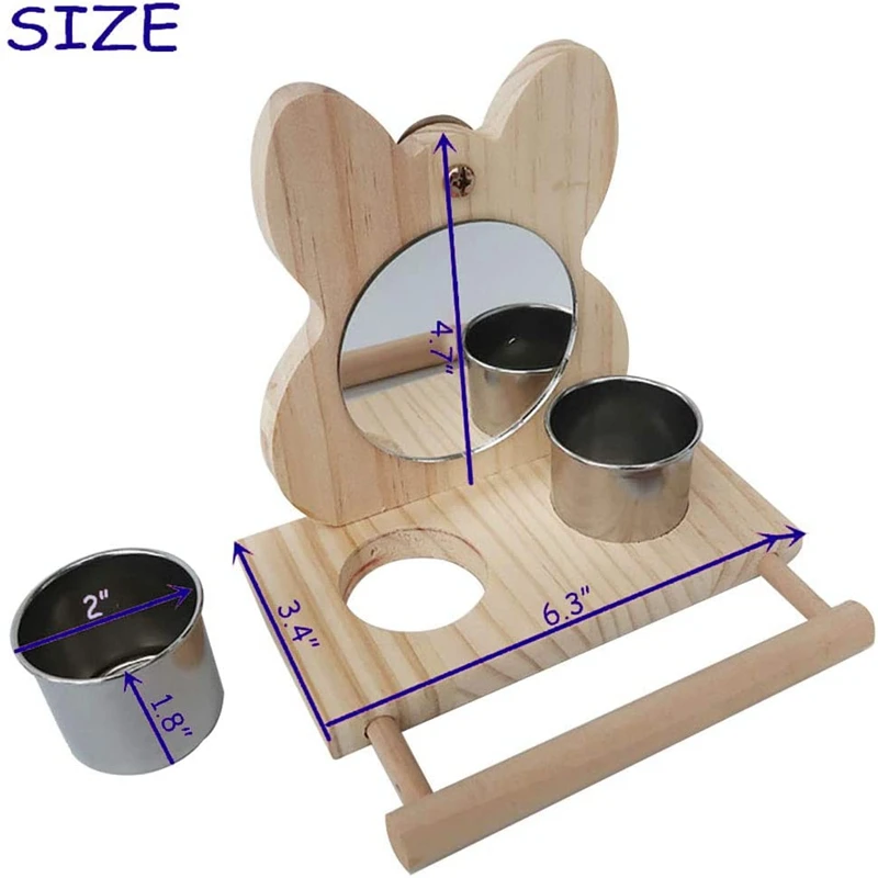 Parrot Mirror Toy with Stainless Steel Feeding Cup Bird Cage Wooden Frame Accessories |
