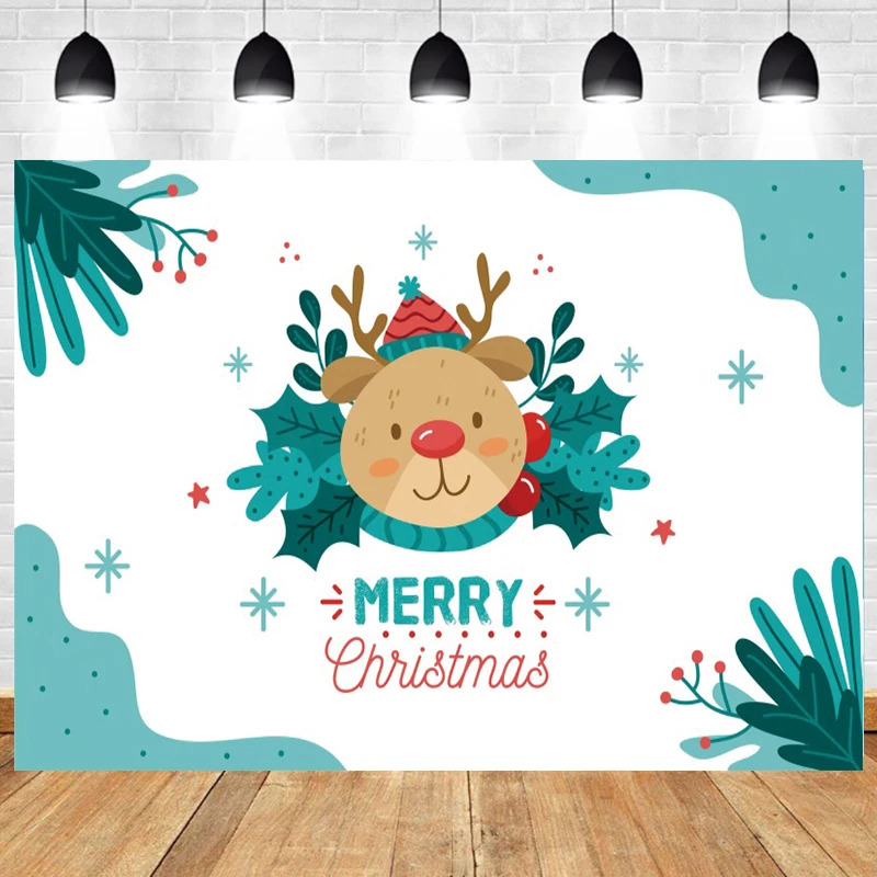 

Merry Christmas Backdrop Cartoon Santa Reindeer Xmas Berry Baby Family Photography Background Wall Decor Poster Banner Studio