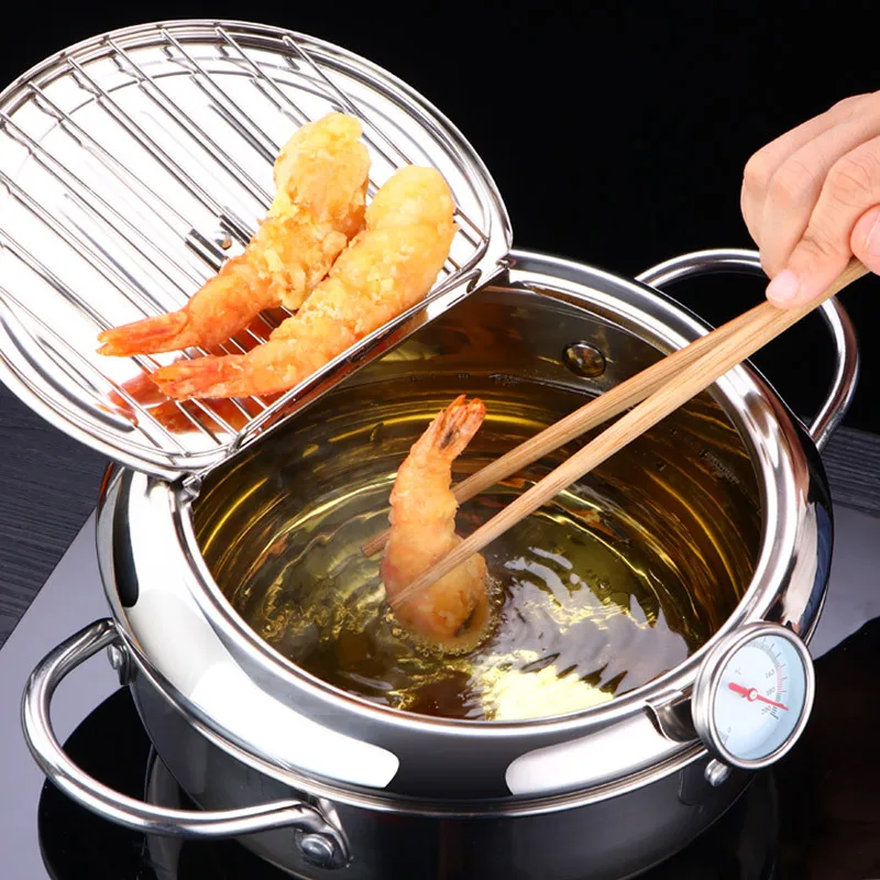Japanese Deep Frying Pot with a Thermometer and Lid 304 Stainless Steel Kitchen Tempura Fryer Pan Cooking Tools | Дом и сад