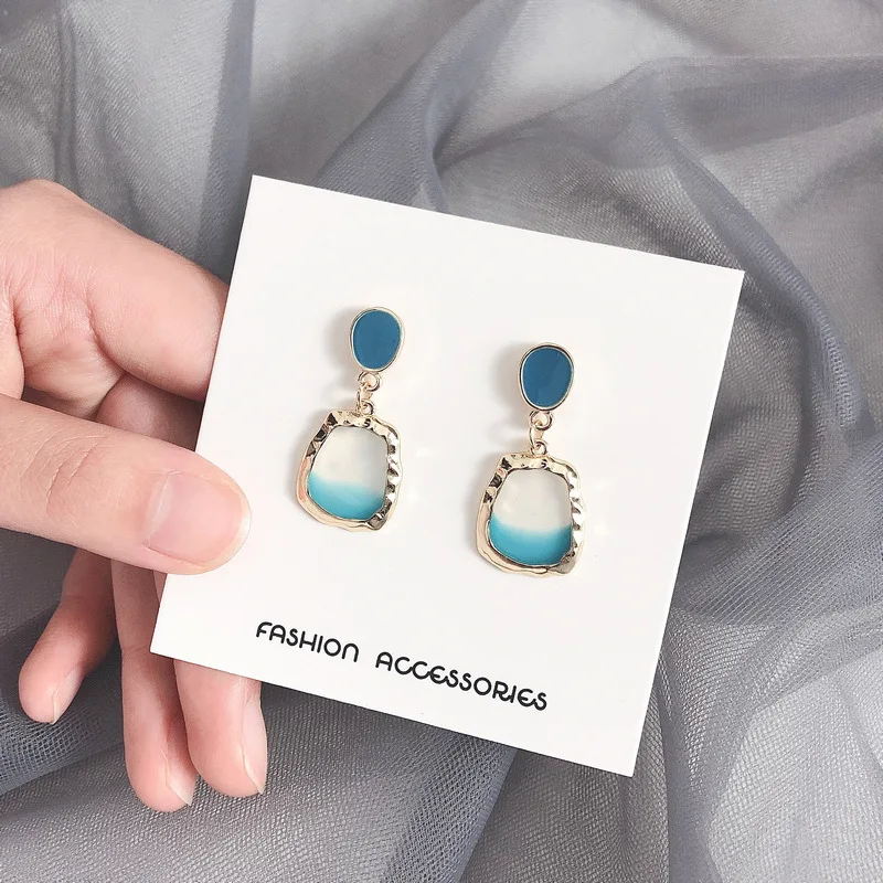 Korean temperament Small Gold Color Frame Gradient Blue Resin Transparent Square Clip on Earrings Non Pierced Ears For Women | Украшения и