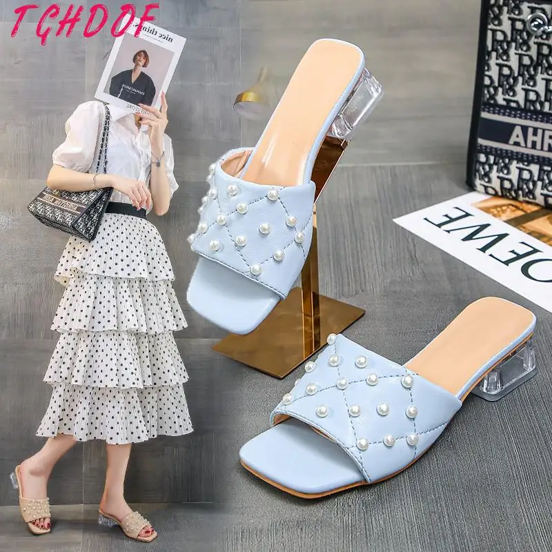 

2022 Soft Leather Pu Sandals Women Square Head Transparent Pearl Cup High Heels Sexy Summer Shoes TGHDOF Women Sandals 35-45