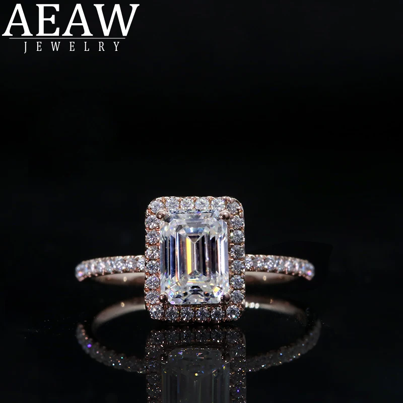 AEAW-anillos de piedra de moissanita con corte de Esmeralda blanca para mujer, oro blanco de 10k y 14k, oro rosa de 1,0 CT, anillos de compromiso de boda romántica