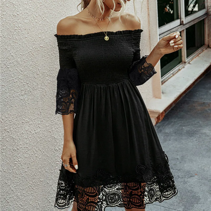 

Lace Patchwork Elegant Women Dress Summer Fashion Slash Neck Slim Midi Dress 2020 Black Dress