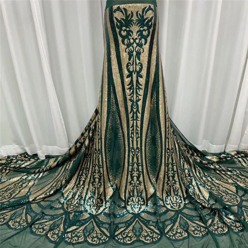 

African Net Lace Fabric 20201 green/gold High Quality Lace French Nigerian Mesh Sequins Lace Fabrics For Wedding Dress Sewing