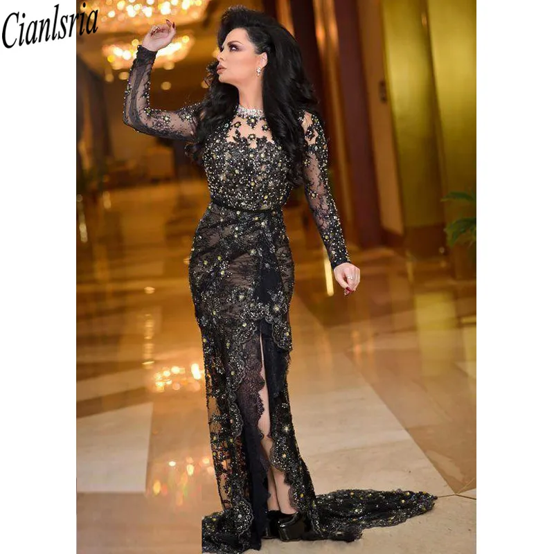 

Официальное арабское черное кружевное вечернее платье с длинным рукавом и разрезом, вышитое бисером, платье-Русалка для выпускного вечера, ...