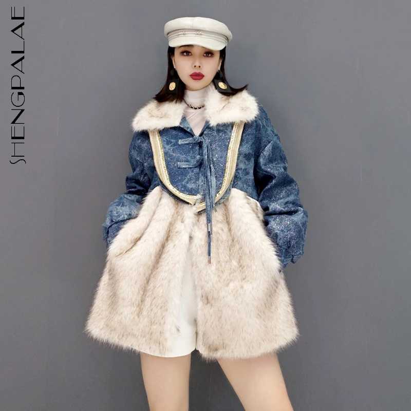 

SHENGPALAE шикарная джинсовая куртка контрастного цвета с хлопковой подкладкой для женщин зима 2021 Новое теплое пальто с меховым воротником своб...
