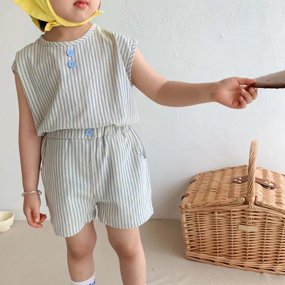 

2021 Summer New Unisex Boys Girls Clothes 2PCS Outfits Kids Casual Stripes Tops and Shorts Toddler Children two piece shirt sets