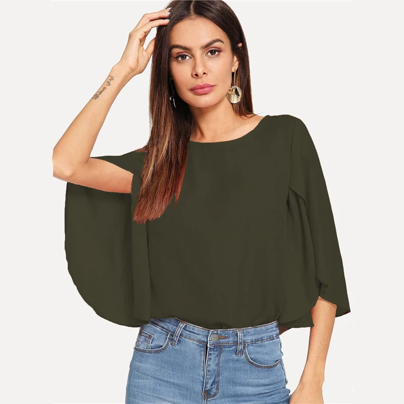 SHEIN Нарядная Одноцветная Блузка С Оригинальным Рукавом Элегантная Осенняя Блузка Для Офиса Современные Женские Топы