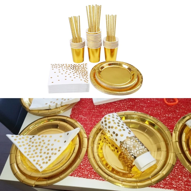 

25 Person Meal Gilded Party Tableware Set Cup Plate Napkin Straw Wedding Anniversary Party Decoration
