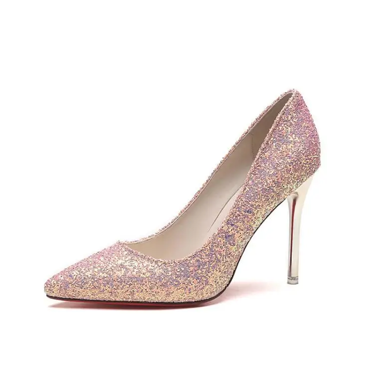 

Shallow Mouth 2021 Branded Pumps African Woman Shoe Beige High Heels Lace-Up Pointed Wedge Slip On Bling Bling Latest Fashion Bu