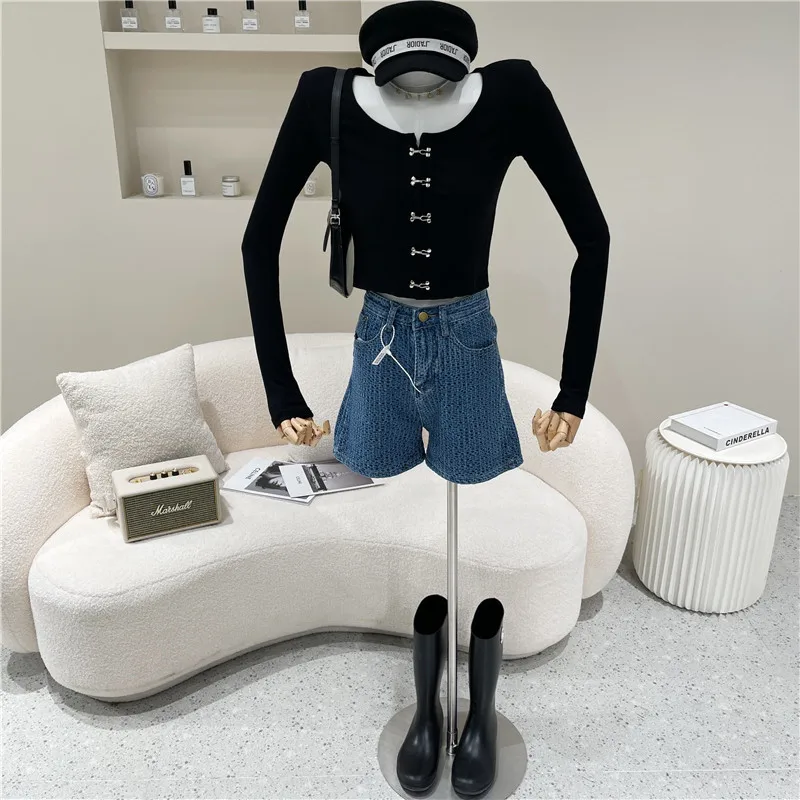 

Women's Spring Summer 2021 Fashion Long sleeve bottoming Top Solid low round neck slim and versatile button cardigan