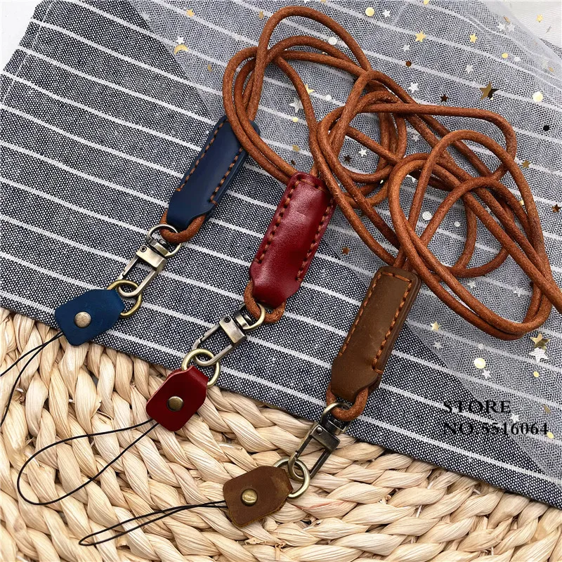 Genuine Leather Lanyard Neck Strap For Mobile Phone Bag Keys ID Credit Work Card Holder Retro Cowhide Handmade Keychain Key Ring