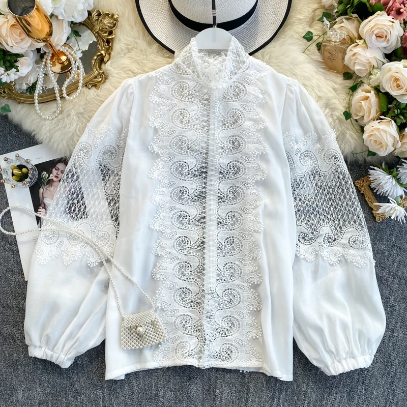 DEAT 2020 Весенняя белая элегантная кружевная женская рубашка с вышивкой и бантом