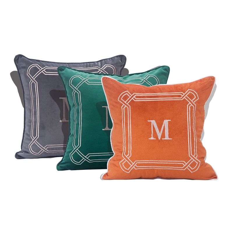 

Modern simple light luxury grey embroidered flannel cushion living room soft bag office pillow bedside back pillow case