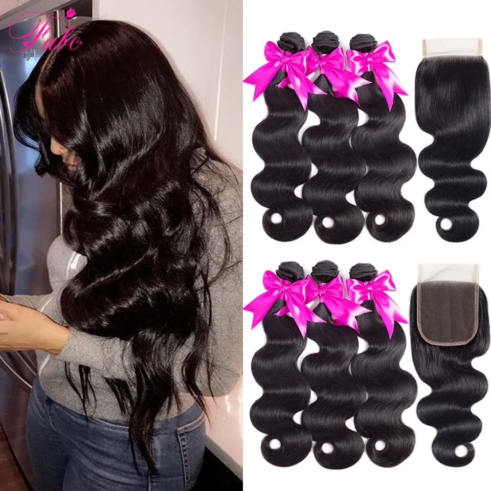FABC Hair Brazilian Hair Weave Bundles With Closure Pre Plucked Body Wave Human Hair Middle Ratio Non-remy Hair Natural Black