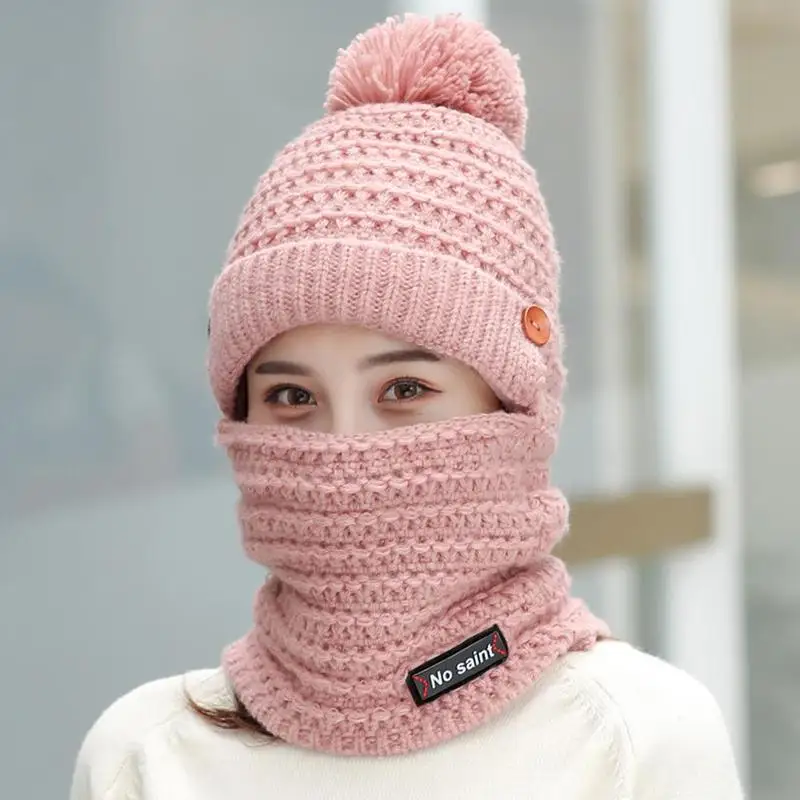 

Plush knitted bib one-piece hat Women Knitted Hat Warm Mask For Women Girls Cap Pompom Fur Hats Beanies Skullies A5F5