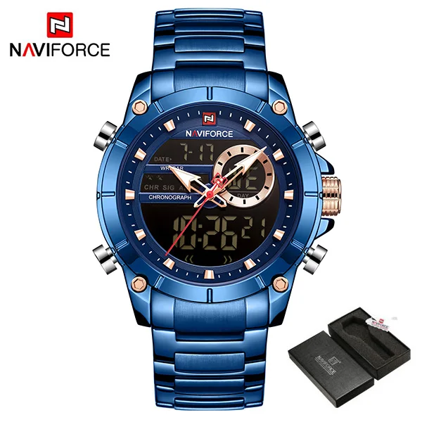 BlueWithBox NAVIFORCE новые мужские спортивные часы Топ люксовый бренд кварцевые наручные часы для мужчин водонепроницаемый двойной дисплей дата часы Relogio Masculino - Цвет: BlueWithBox