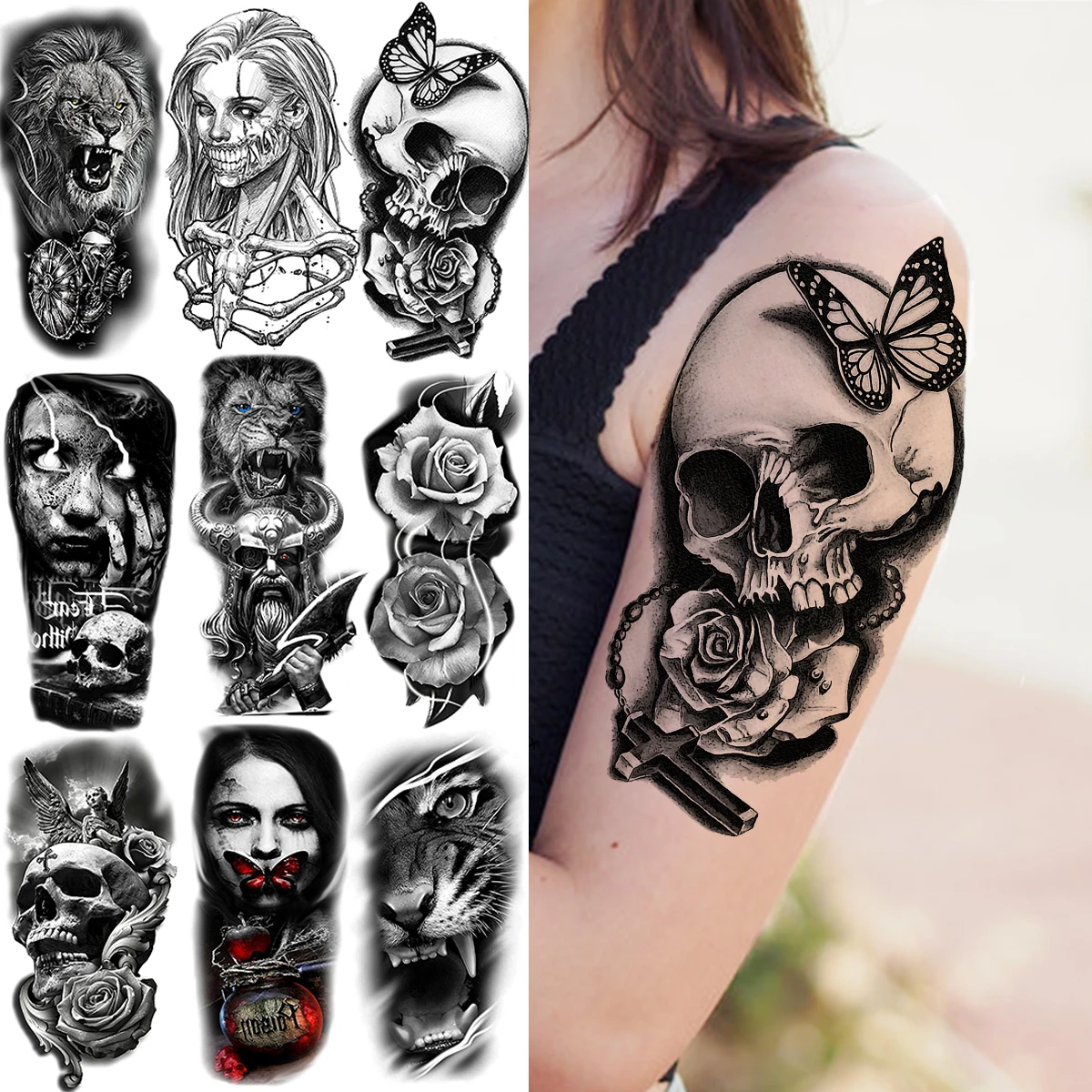 

Skull Rose Skeleton Temporary Tattoos Realistic Lion Tiger Vampire Warrior Butterfly Fake Tattoo Sticker Women Arm Tatoos Sexy