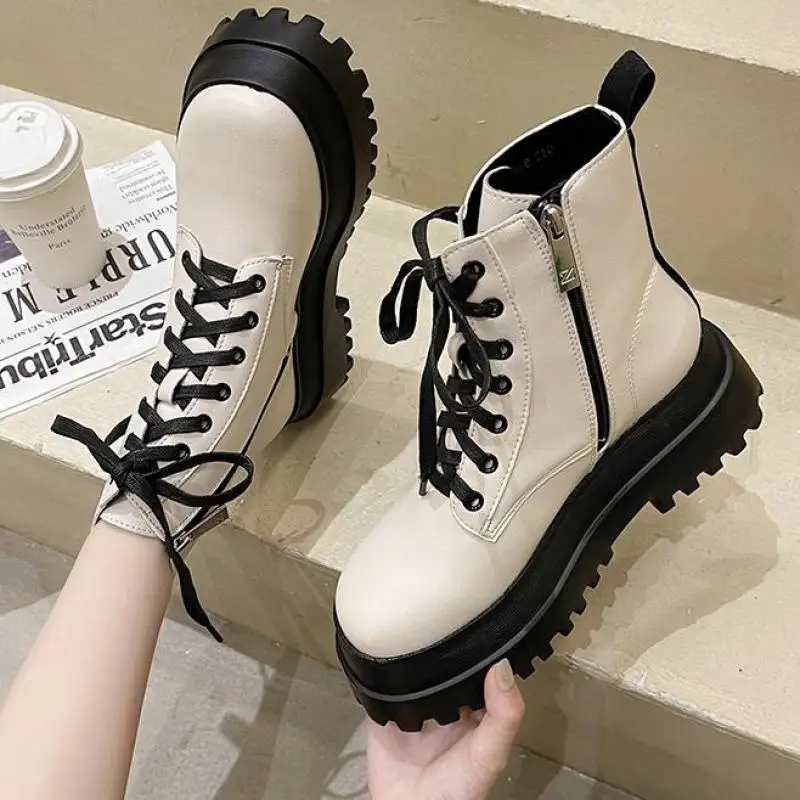 

Ladies Thick-soled Square Heel Round Toe Short Shoes Breathable Thick-soled British Martin Boots Single Boots Thin Section 2021