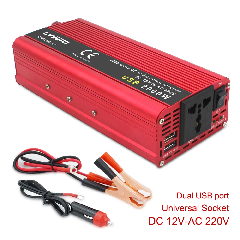 2000W Inverter DC 12V/24V to AC 110V/220V 230V Vehicle USB Charger Adapter Converter Car Solar Inverter Universal US Socket 2000W Inverter DC 12V/24V to AC 110V/220V 230V Vehicle USB Charger Adapter Converter Car Solar Inverter Universal US Socket