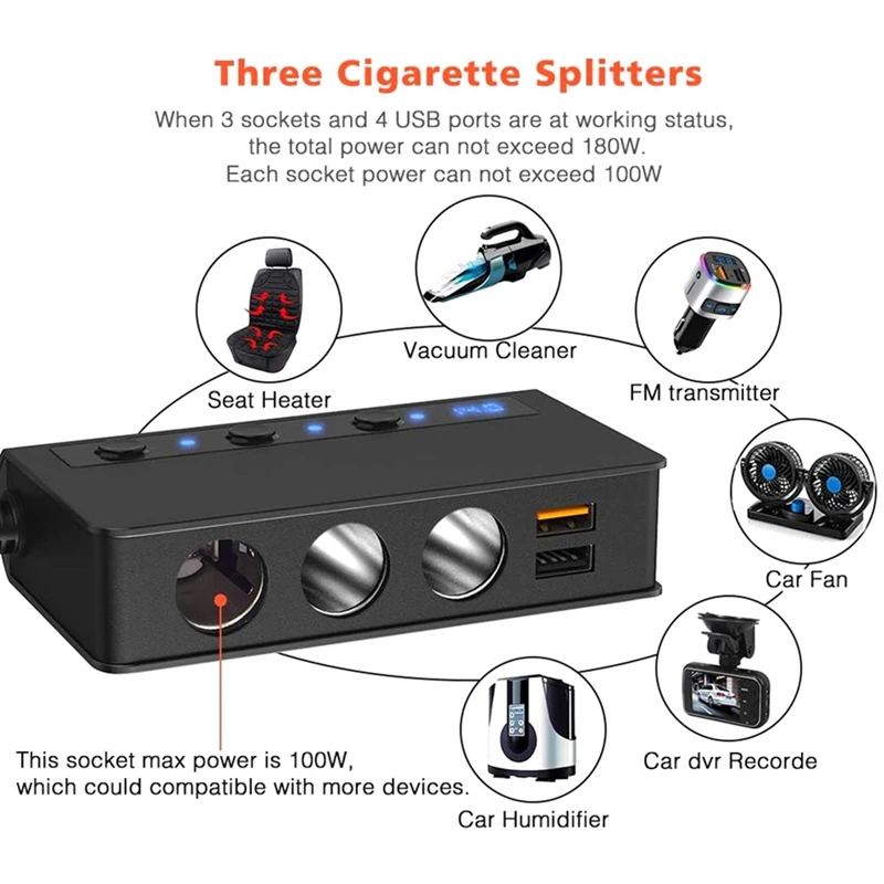

4 USB Car Chargers, 180W High Power Qc 3.0 Independent Switch Car Charger 3 in 1 Car Adapter