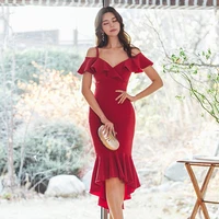 red dress with shoulder straps v neck off the shoulder xia han edition decorate female height show thin waist pendulum fishtail