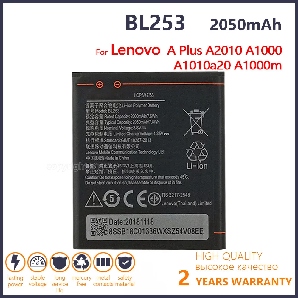 

100% Original BL253 2050mAh Battery For Lenovo A Plus A1010a20 A2010 A1000 A1000m A 1000 Phone New Batteries With Gifts Tools