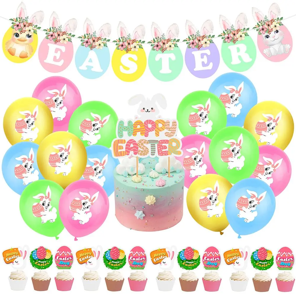

Kids Gift Happy Easter Party Decoration Print flag Bunny Cake Topper Easter Balloons Set Rabbit Garland Banner