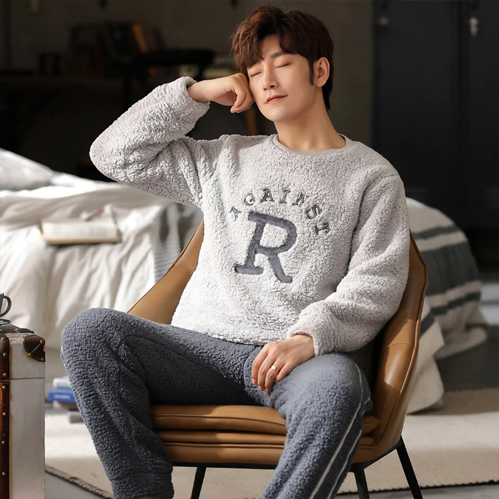 Men Luxury Flannel Pyjamas Sets Winter Super Warm Pijamas Fashion Letter Print Sleepwear Suit Casual Nightwear Plus Size 3XL