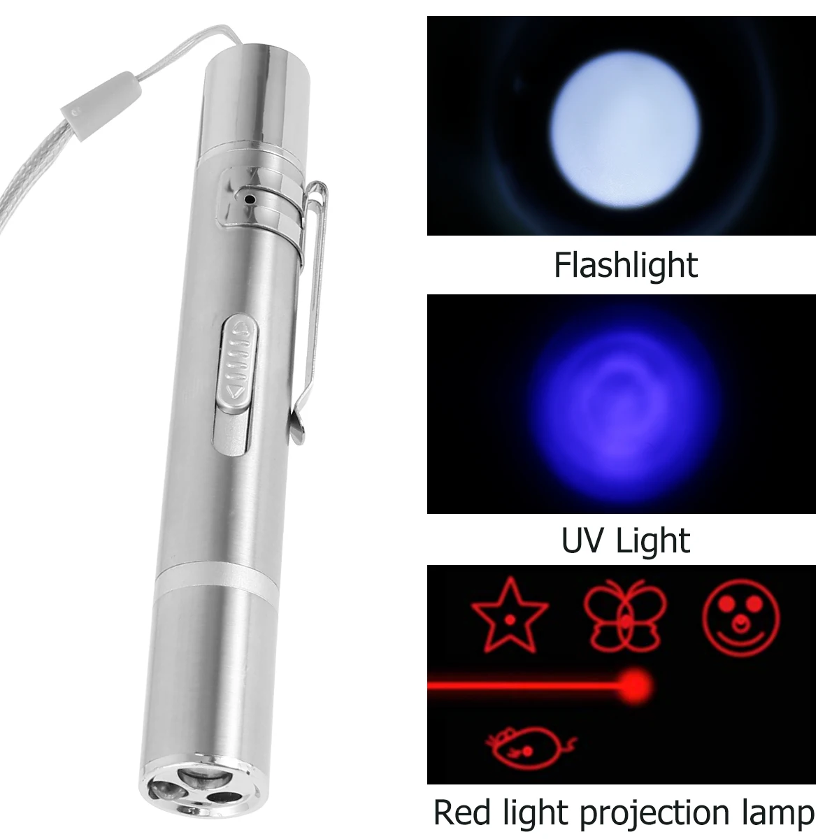 

LED Pointer Interactive Cat Toy USB Rechargeable 7 in 1 Function 3 Mode Mini Flashlight Multi Pattern Red Light UV Light