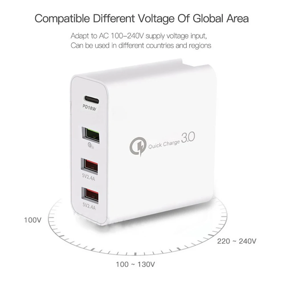48 Вт 4 порта зарядное устройство Тип C qc3.0 type-c USB зарядное устройство для samsung iPhone huawei QC 3,0 быстрое настенное зарядное устройство США ЕС Великобритания австралийская штепсельная розетка