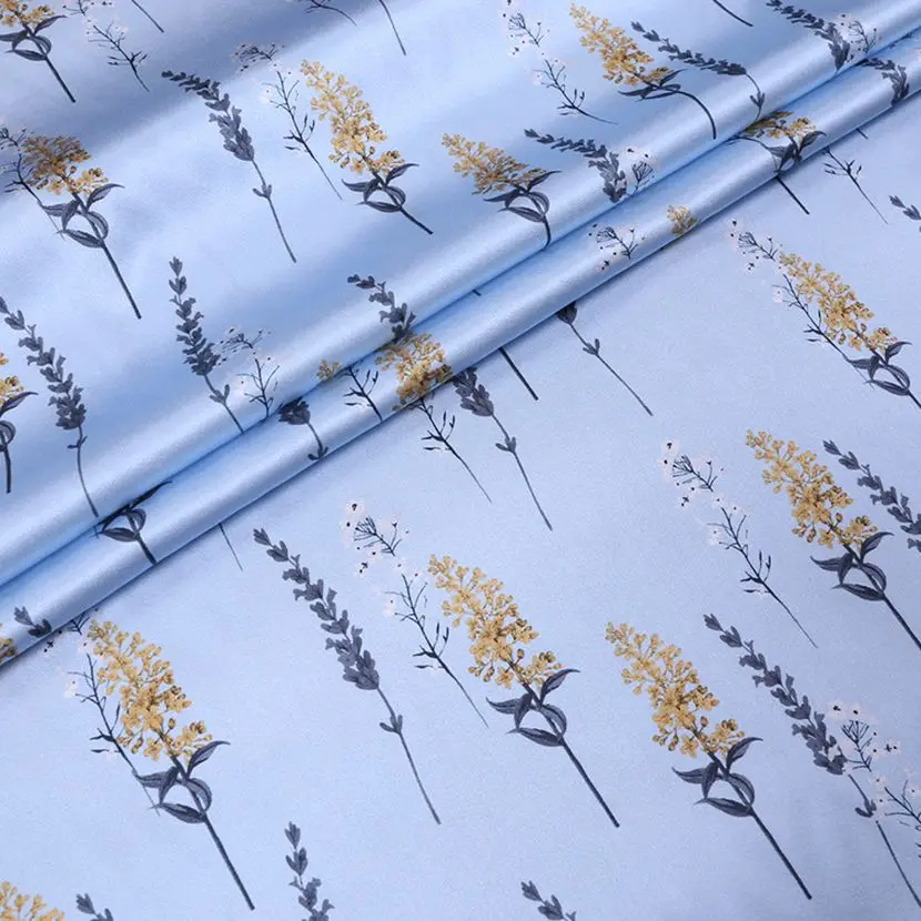 

50cmx138cm Blue Natural Silk Fabric With Plants Print