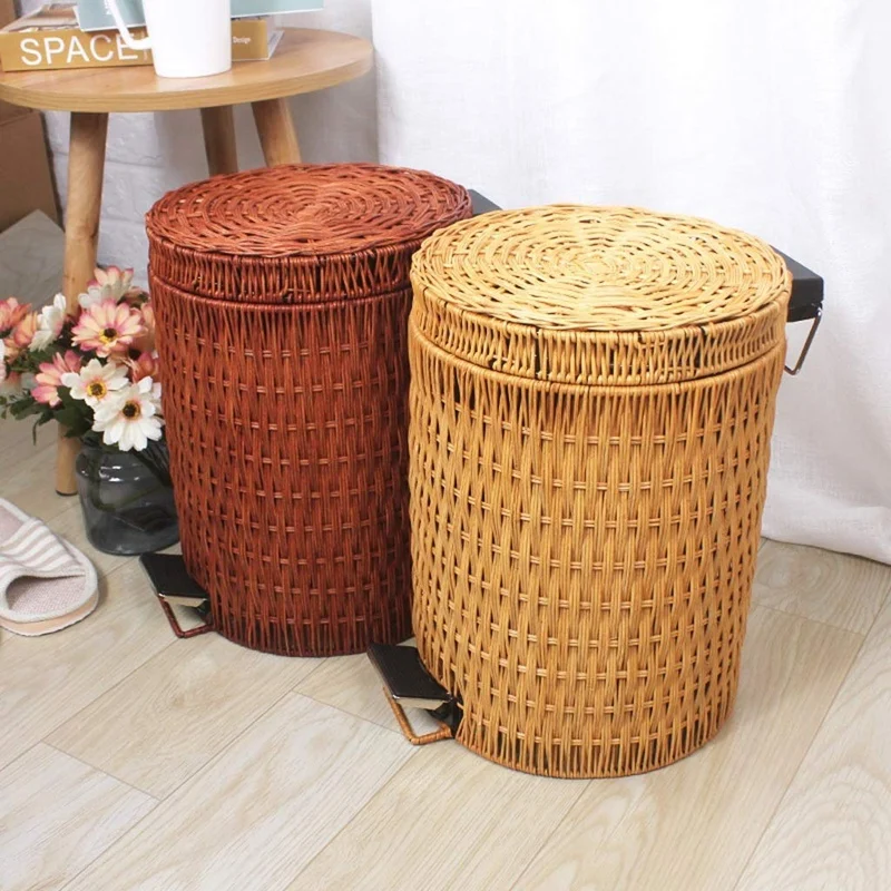

Trash Can Fashion Creative Trash Can Recycle Bin Home Storage Bucket Foot Operated Rattan Weaving Kitchen Trash Can