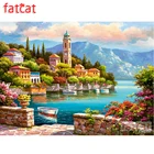 Картина для алмазной вышивки с изображением деревни, часовой башни FATCAT, квадратная круглая картина сделай сам, 5D алмазная вышивка, мозаика для рукоделия, декор AE1344