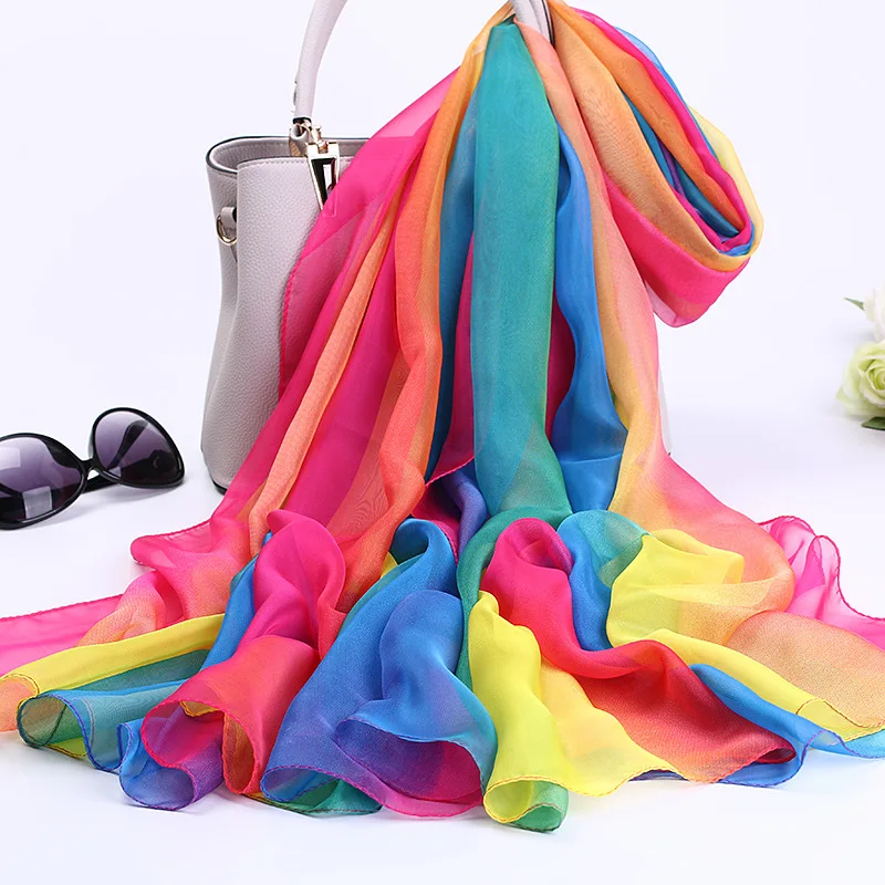 

HanXi 2020 Gradient Faux Silk Scarf Women Fashion Rainbow Chiffon Head Hijab Scarf Summer Winter Pashmina Plus Size 197*127cm