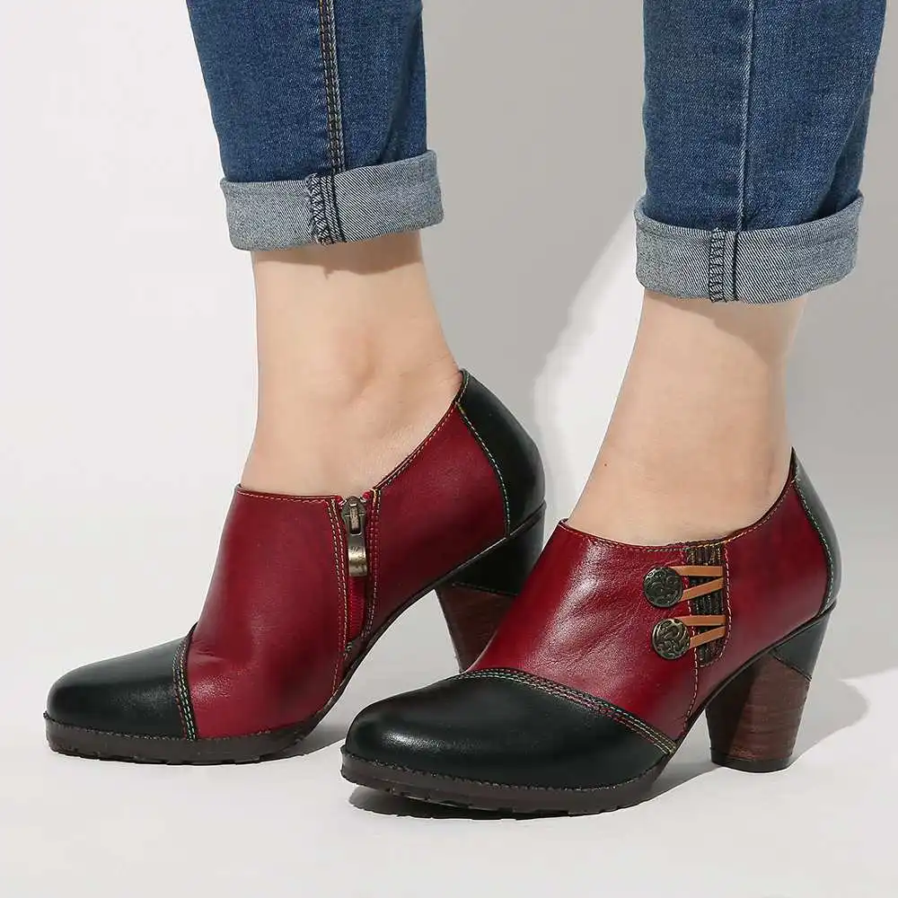 

SOCOFY Pumps Genuine Leather Color Splicing Stitching Retro Metal Button Zipper Comfy Pumps Women Shoes Ladies Shoes 2020