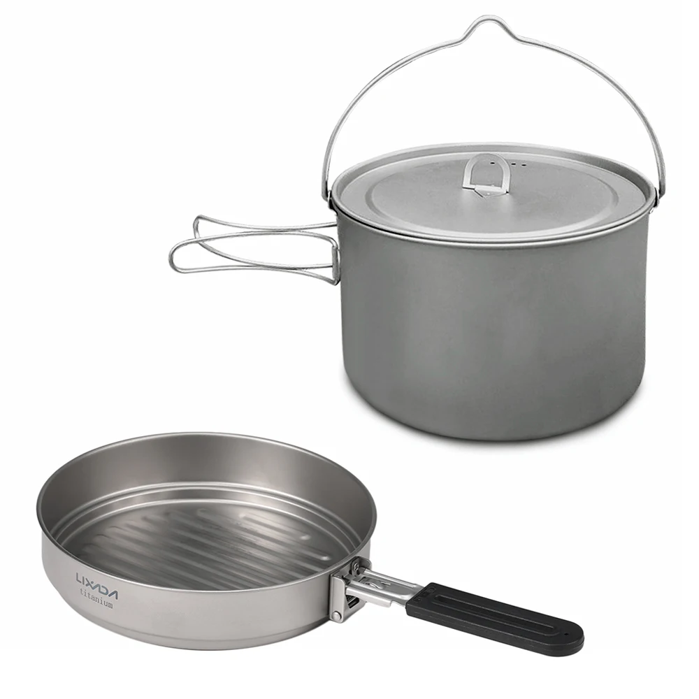Lightweight Camping Titanium Cookware Set 2.8L Pot With 1.1L Pan For Outdoor Camping Backpacking Hiking Picnic Cooking Equipment