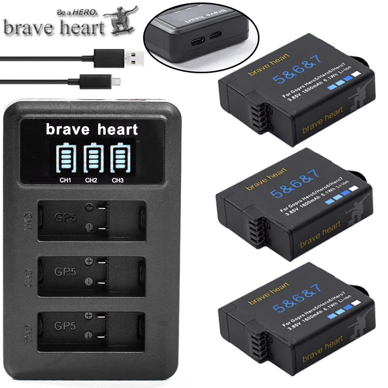 Bateria go pro hero 7 black battery hero 5 6 batterie+ 3 лота зарядное устройство для Gopro go pro hero 5 hero 6 7 black аксессуары для камеры - Цвет: charger and 3battery
