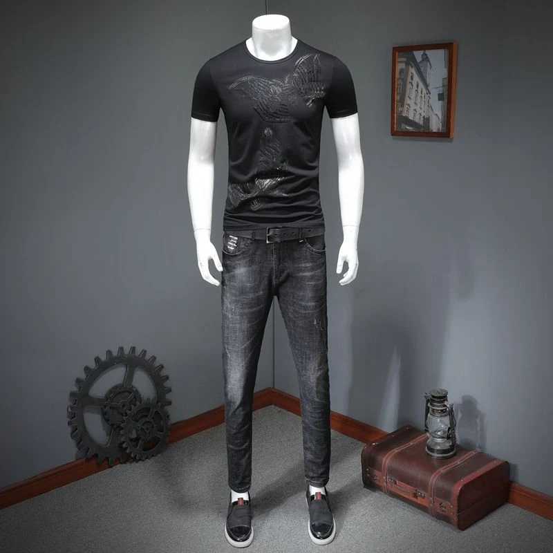 

Male T-shirt Butterfly Printed Youth Slim 2021 Summer New Mercerized Cotton Black Solid Color Personalized Men's Clothing Top