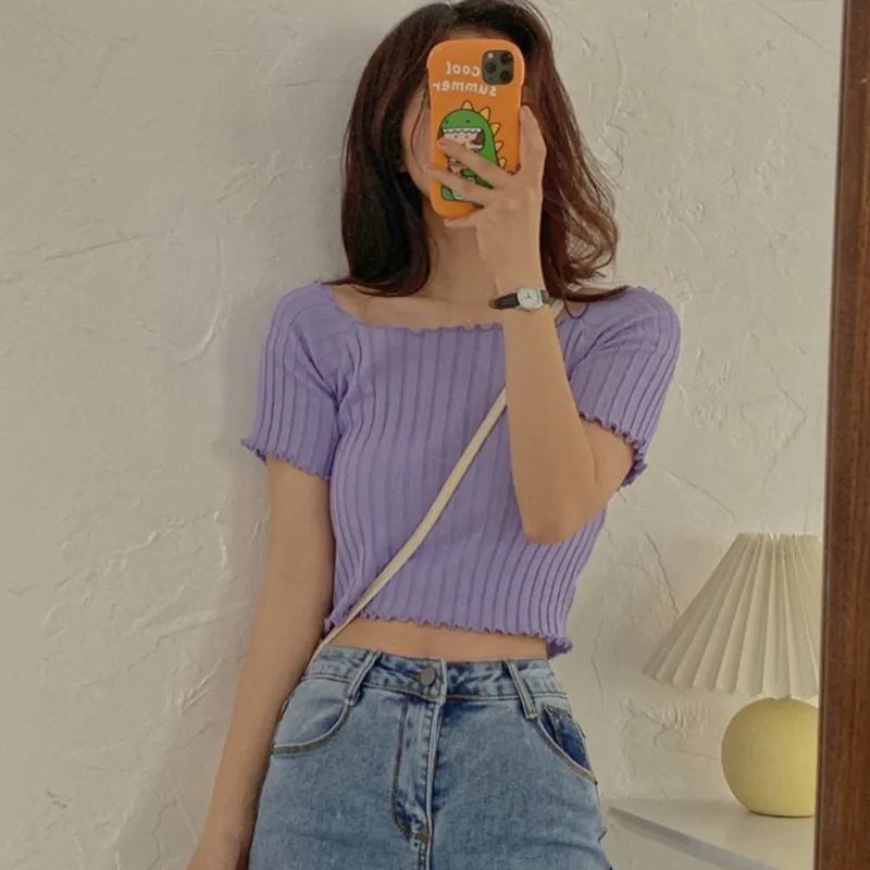 

Summer T-Shirt Women Casual Solid Slash Neck fashion Knitted T-shirt Short Sleeve T-shirt Top new 1