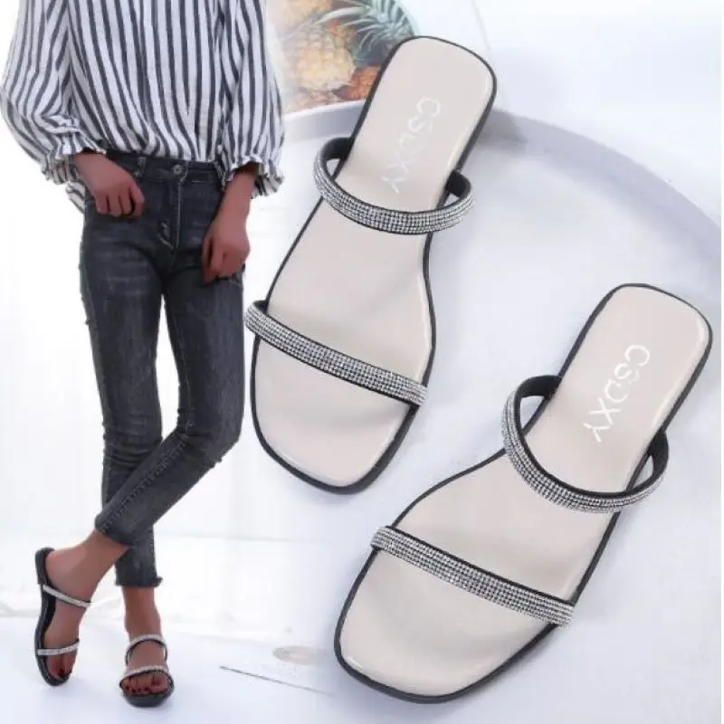 

Сандалии женские летние со стразами, плоская подошва, открытый носок, модные однотонные удобные тапочки со стразами