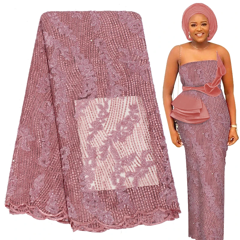 

Модная Пылезащитная розовая блестящая Роскошная французская Тюлевая кружевная Высококачественная африканская сетчатая ткань для свадебн...